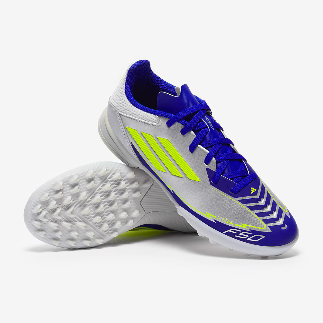 ADIDAS F50 LEAGUE MESSI TF J 'SILVER METALLIC/ SOLAR YELLOW'