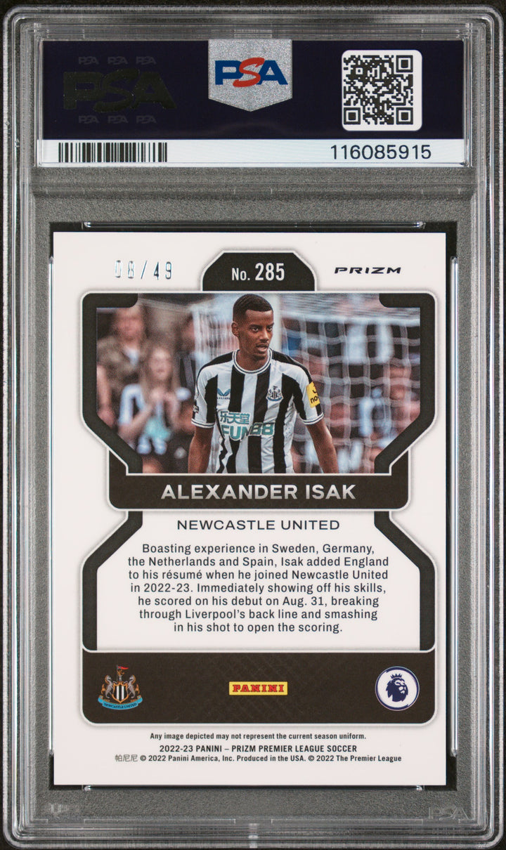 2022-23 PANINI PRIZM PREMIER LEAGUE #285 ALEXANDER ISAK RED BREAKAWAY PRIZM/49 - PSA 10