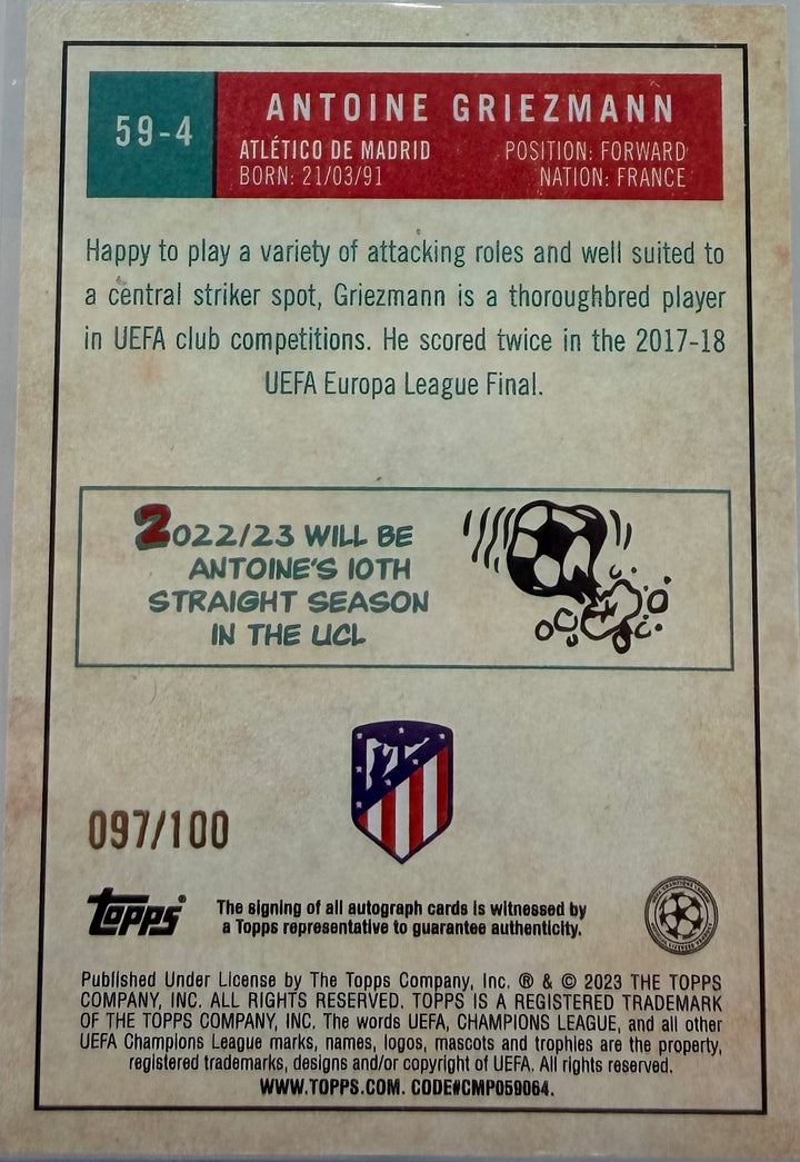 2022-2023 TOPPS UEFA CHAMPIONS LEAGUE GREIZMANN AUTO #/100