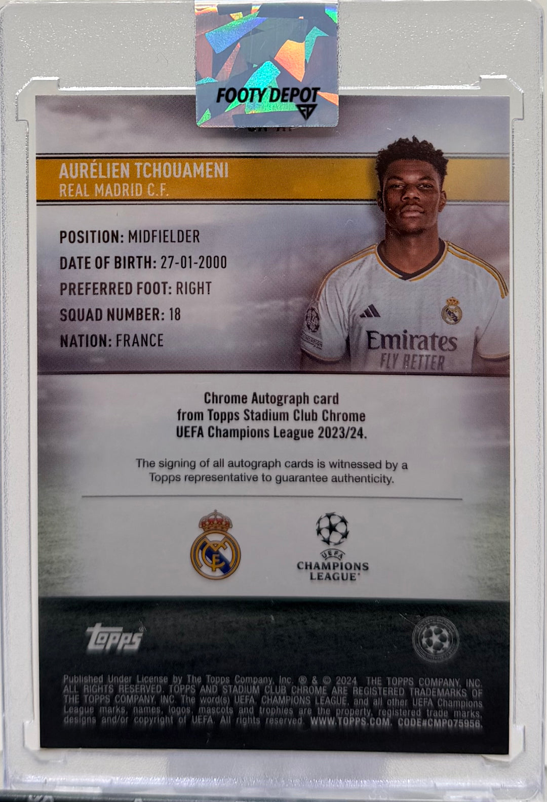 2023-24 TOPPS CHROME STADIUM CLUB UCC AURELIEN TCHOUAMENI AUTO BLACK #/10