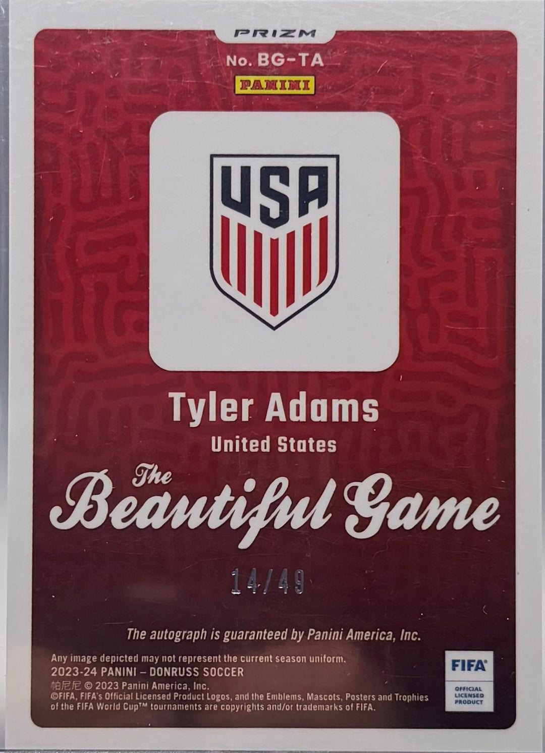 2023-2024 DONRUSS FIFA THE BEAUTIFUL GAME AUTO RED TYLER ADAMS AUTO #/49