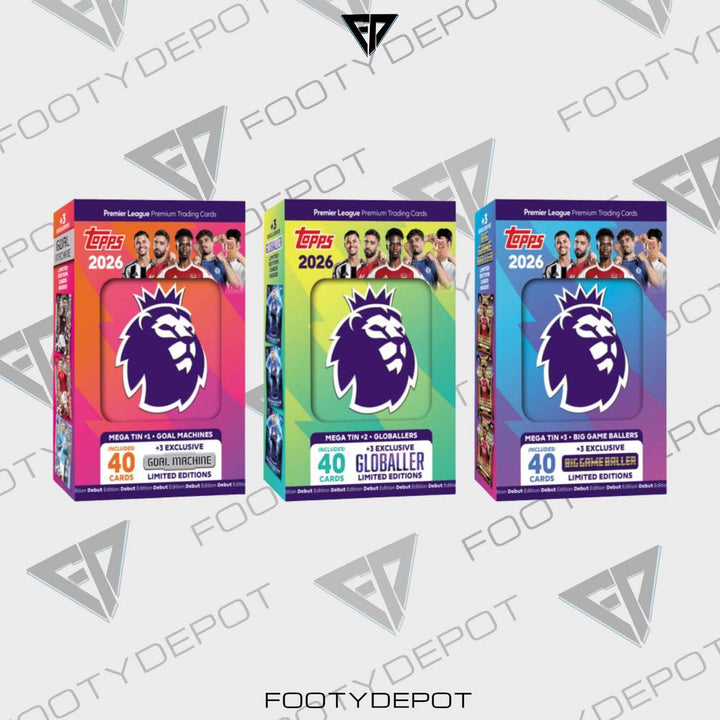 2025-26 TOPPS PREMIER LEAGUE DEBUT EDITION CARDS – MEGA TIN (40 CARDS + 3 EXCLUSIVES)