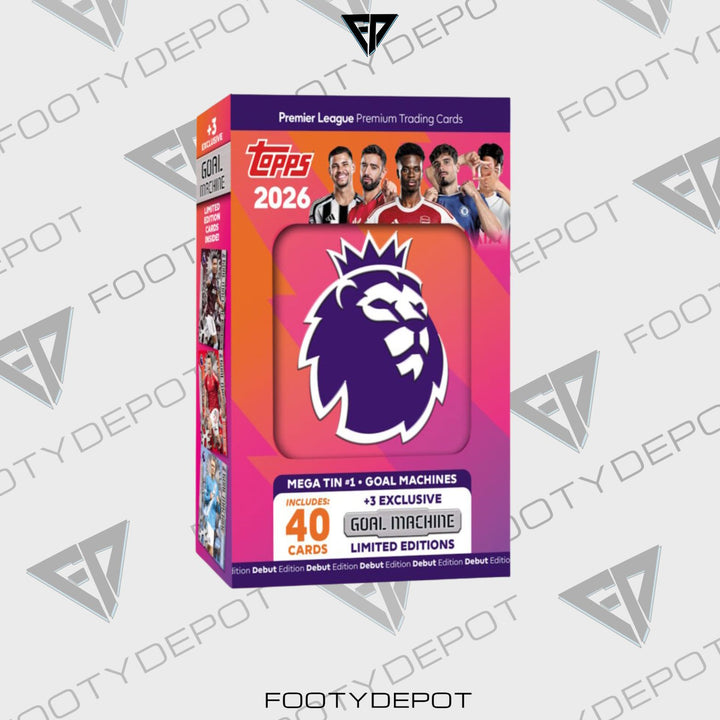 2025-26 TOPPS PREMIER LEAGUE DEBUT EDITION CARDS – MEGA TIN (40 CARDS + 3 EXCLUSIVES)