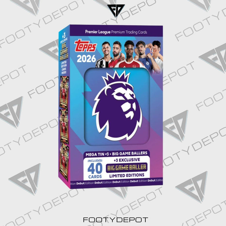 2025-26 TOPPS PREMIER LEAGUE DEBUT EDITION CARDS – MEGA TIN (40 CARDS + 3 EXCLUSIVES)
