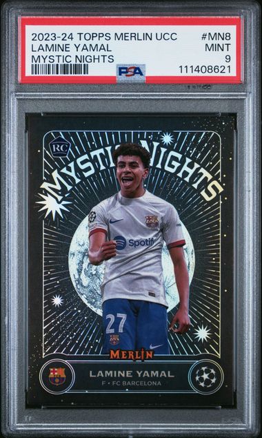 2023-24 TOPPS MERLIN UEFA CLUB COMPETITIONS MYSTIC NIGHTS #MN8 LAMINE YAMAL- PSA 9