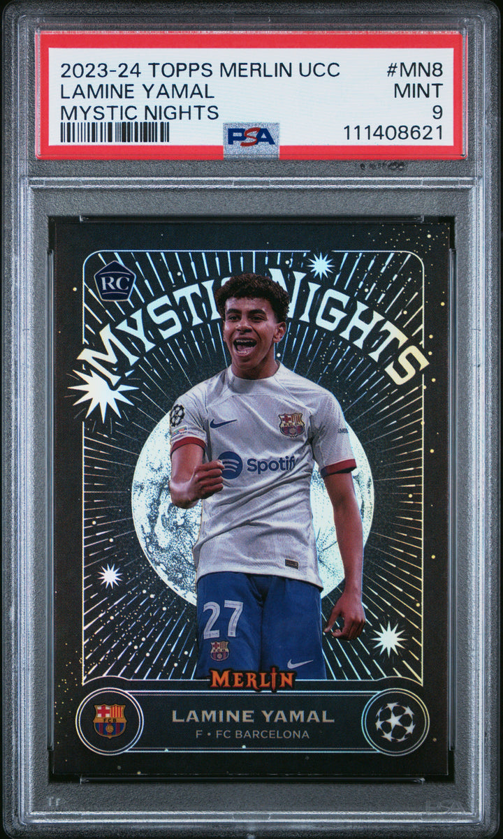 2023-24 TOPPS MERLIN UEFA CLUB COMPETITIONS MYSTIC NIGHTS #MN8 LAMINE YAMAL- PSA 9