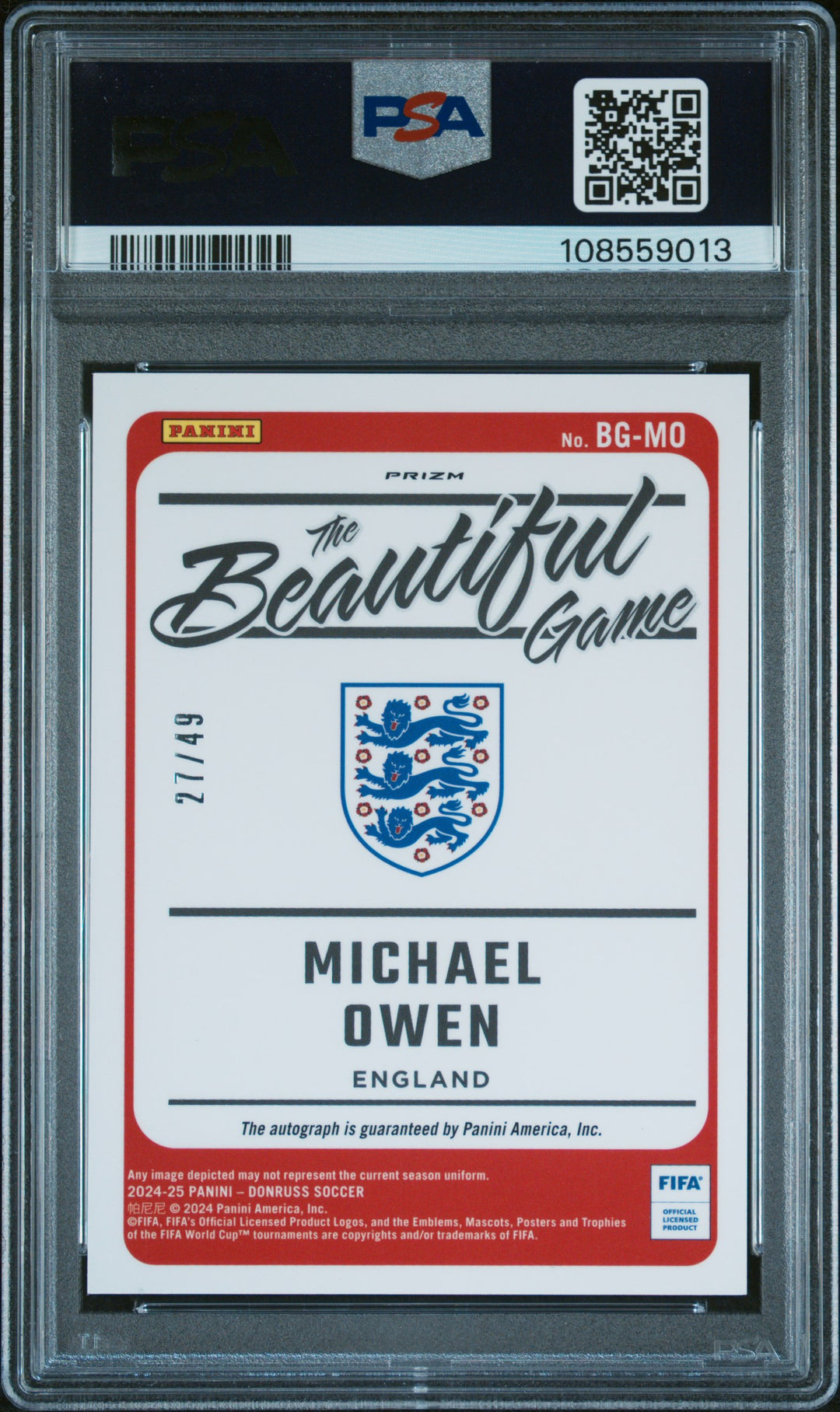 2024-25 PANINI DONRUSS FIFA THE BEAUTIFUL GAME AUTOGRAPHS #BGMO MICHAEL OWEN BEAUTIFUL GAME AUTO-BLUE #/49 PSA 9