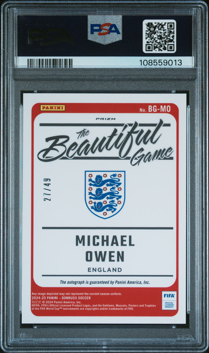 2024-25 PANINI DONRUSS FIFA THE BEAUTIFUL GAME AUTOGRAPHS #BGMO MICHAEL OWEN BEAUTIFUL GAME AUTO-BLUE #/49 PSA 9
