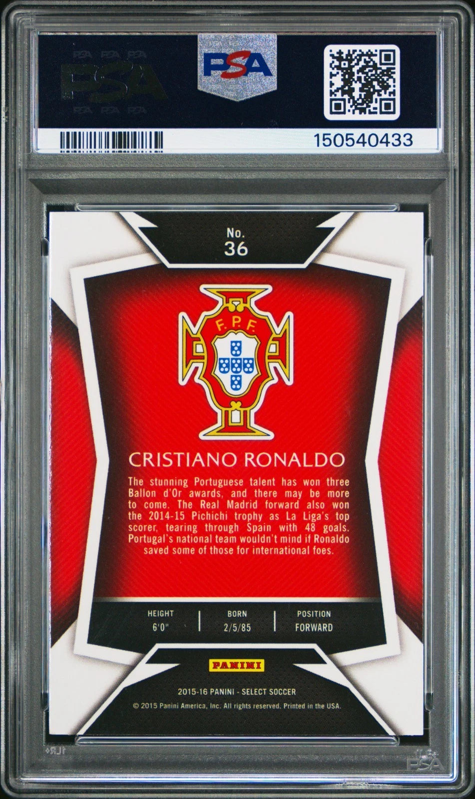 2015 PANINI SELECT CRISTIANO RONALDO WHITE JERSEY PORTUGAL MINT PSA 9