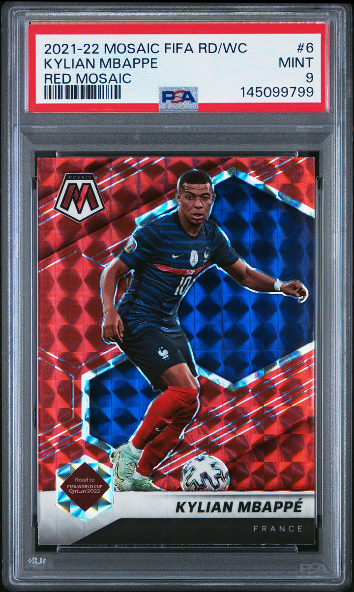 2021-2022 PANINI MOSAIC FIFA ROAD TO WORLD CUP #6 KYLIAN MBAPPE RED MOSAIC PSA 9